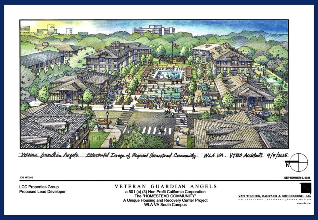 Veteran Guardian Angels is a mission-drive non-profit for Veterans with peer-to-peer support that includes Recovery, Jobs, Housing, and Activities. This is a color illustration of the Homestead Community